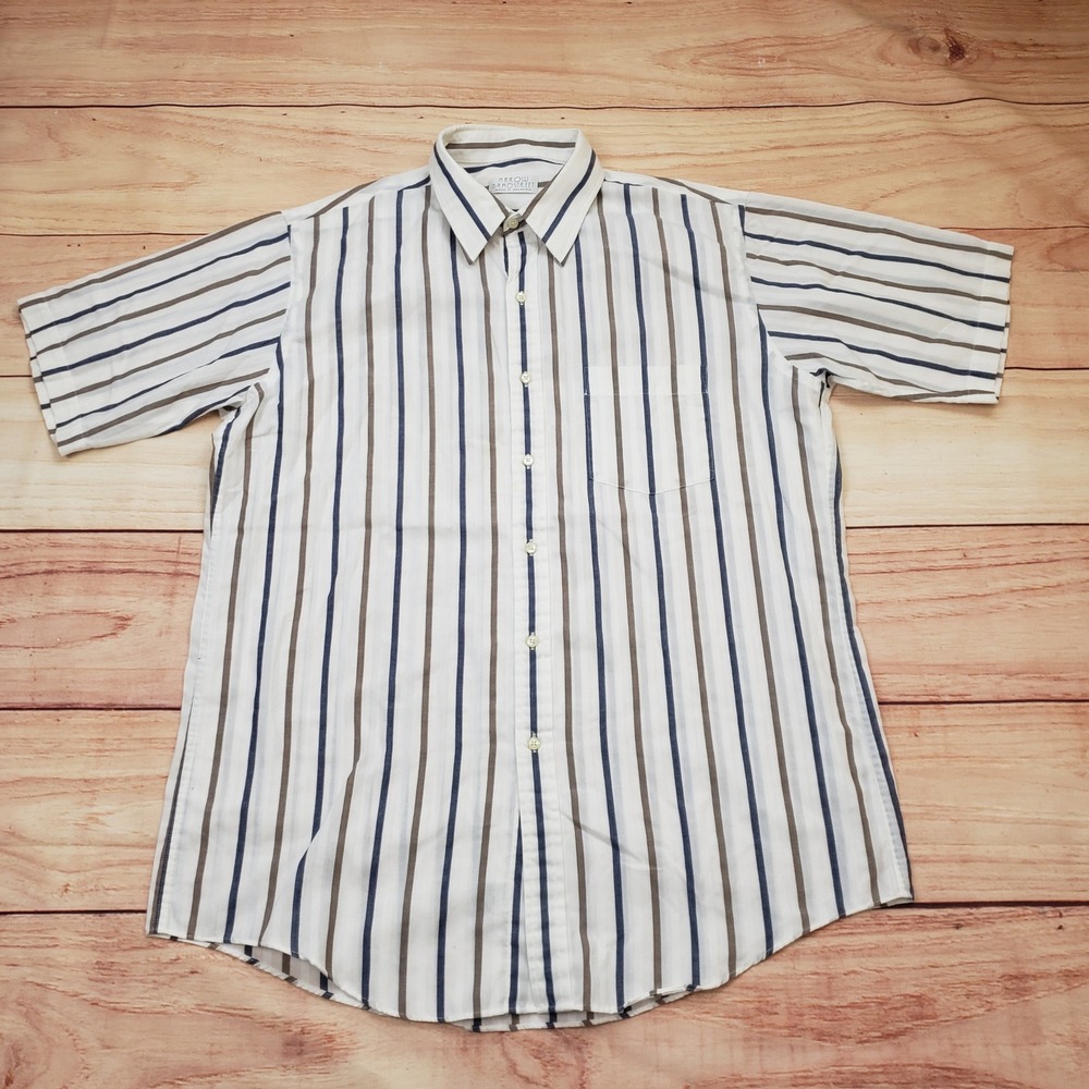 Arrow Bradstreet Shirt Mens 16 Short Sleeve Striped Button Down White Blue Brown